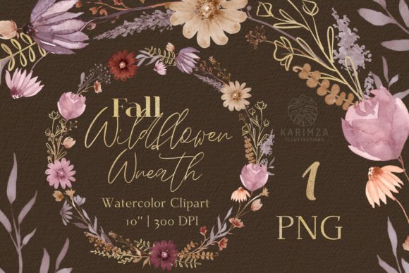 Watercolor Fall Dried Floral Wreath PNG